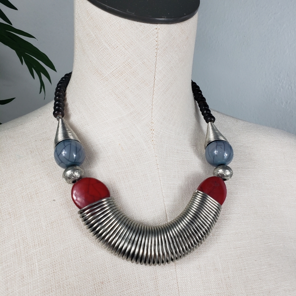 Large Silver Wrapped Wire with Red, Blue & Black Glass Beads Statement Necklace